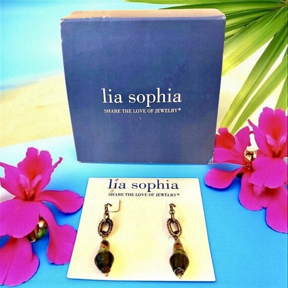 Lia Sophia Earrings Dangle Drop Hook Green Beads Copper Silvertone New in Box - Picture 1 of 10
